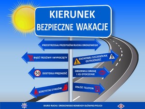 Obrazek - grafika z napisem kierunek bezpieczne wakacje. Przestrzegaj przepisów ruchu drogowego, bądź trzeźwy i wypoczęty, zachowaj szczególną ostrożność, dostosuj prędkość, obserwuj drogę i jej otoczenie, korzystaj z pasów, odłóż telefon.